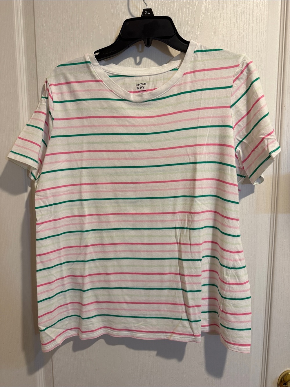 crown & ivy White Tee with Pink and Light Green Stripes